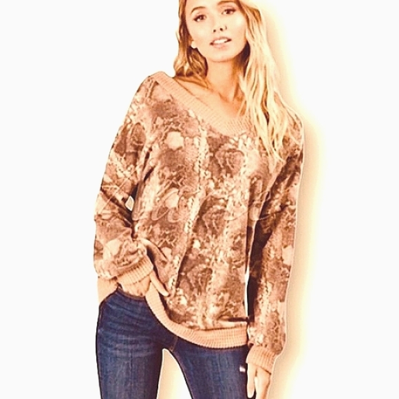 Snake Print Soft Brushed Off Shoulder Long Sleeve Sweater Top - Picture 3 of 12